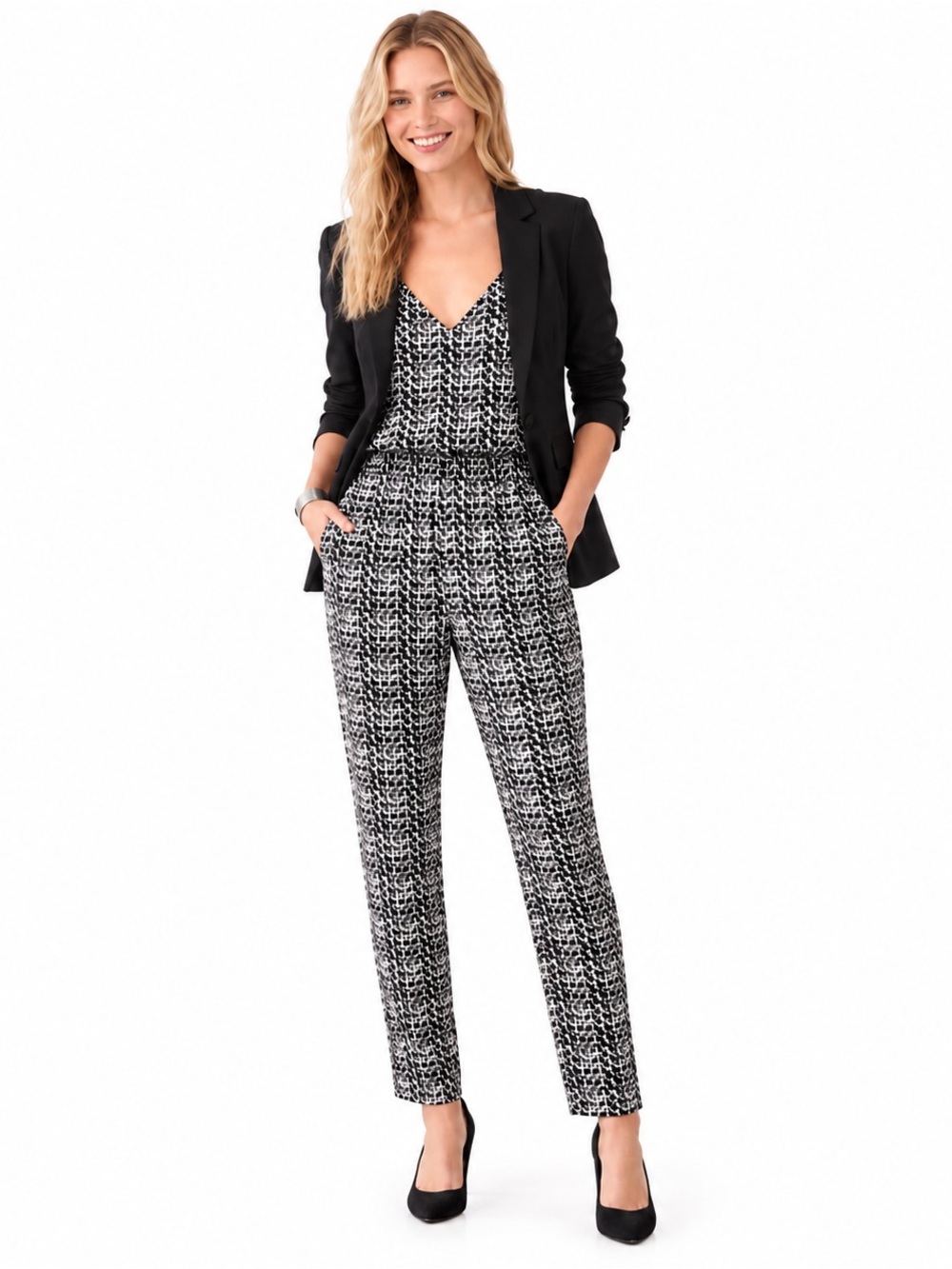 Express Black & White Geometric Print Spaghetti-Strap V-neck Boho Jumpsuit